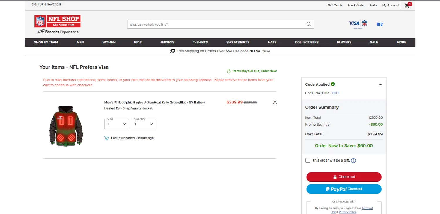 Philadelphia Eagles checkout page showing Philadelphia Eagles coupon code box | Screenshot taken by SimplyCodes community member on Feb 17, 2026
