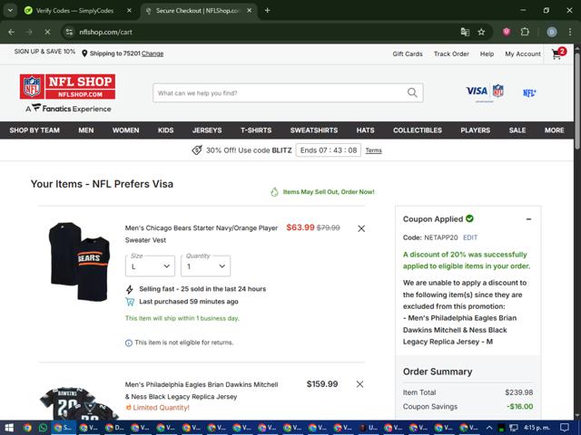 Philadelphia Eagles checkout page showing Philadelphia Eagles coupon code box | Screenshot taken by SimplyCodes community member on Oct 4, 2025