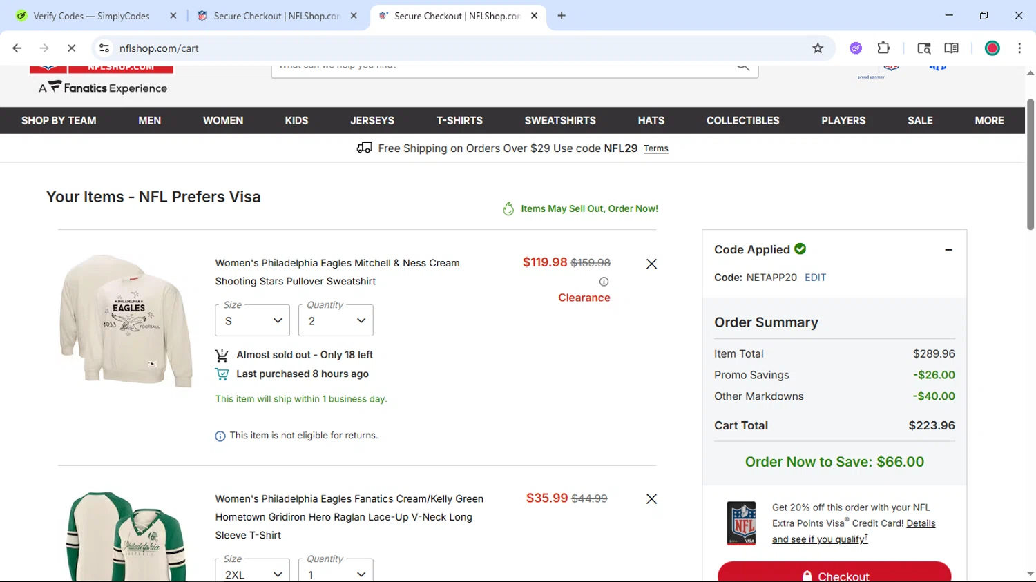 Philadelphia Eagles checkout page showing Philadelphia Eagles coupon code box | Screenshot taken by SimplyCodes community member on Jan 11, 2026