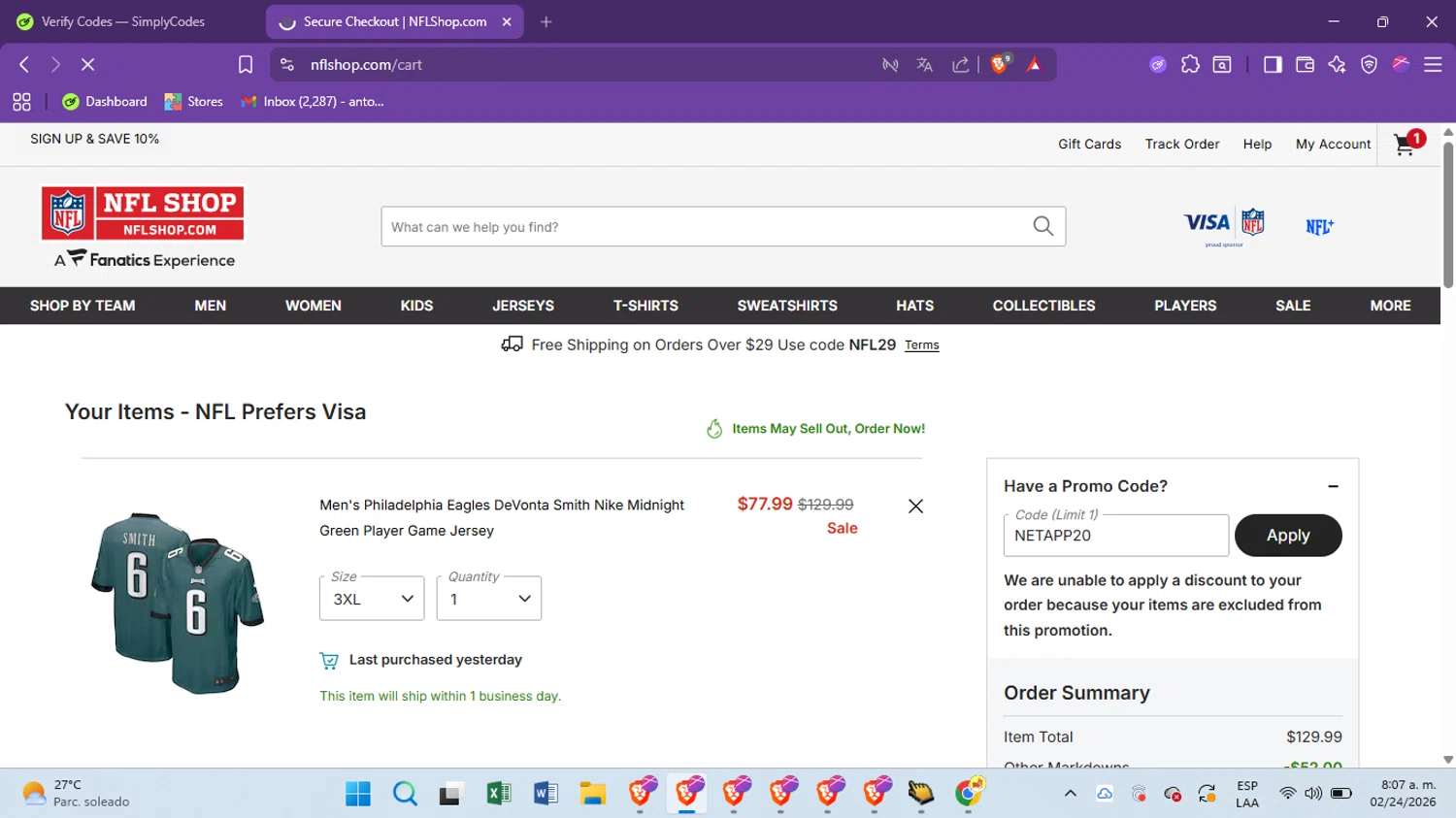 Philadelphia Eagles checkout page showing Philadelphia Eagles coupon code box | Screenshot taken by SimplyCodes community member on Feb 24, 2026