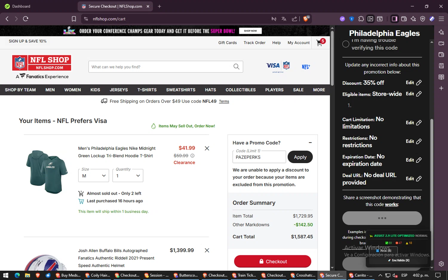 Philadelphia Eagles checkout page showing Philadelphia Eagles coupon code box | Screenshot taken by SimplyCodes community member on Jan 29, 2026