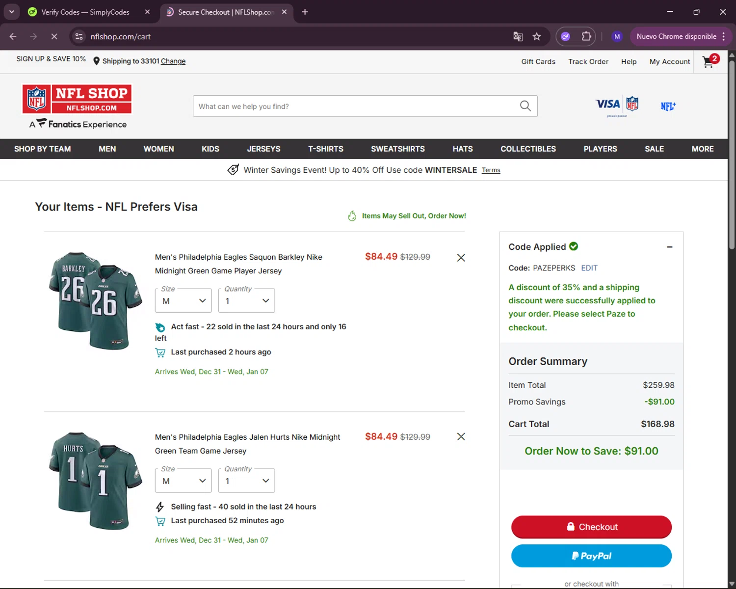 Philadelphia Eagles coupon code screenshot showing code PAZEPERKS applied at Philadelphia Eagles checkout page. Uploaded by SimplyCodes community member RewardLynx5307 on Dec 24, 2025