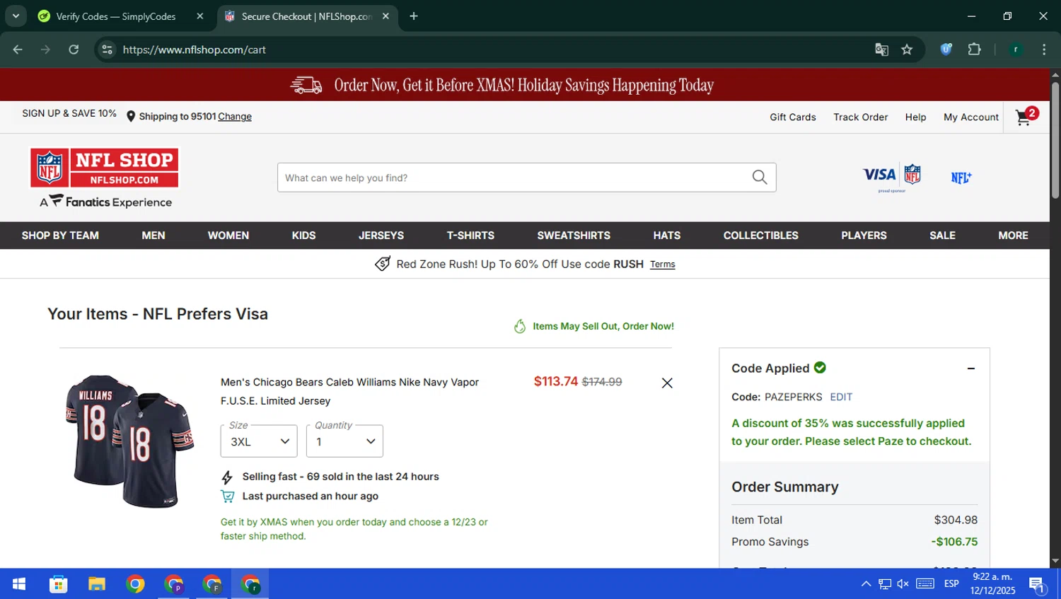 Philadelphia Eagles coupon code screenshot showing code PAZEPERKS applied at Philadelphia Eagles checkout page. Uploaded by SimplyCodes community member rodri1 on Dec 12, 2025