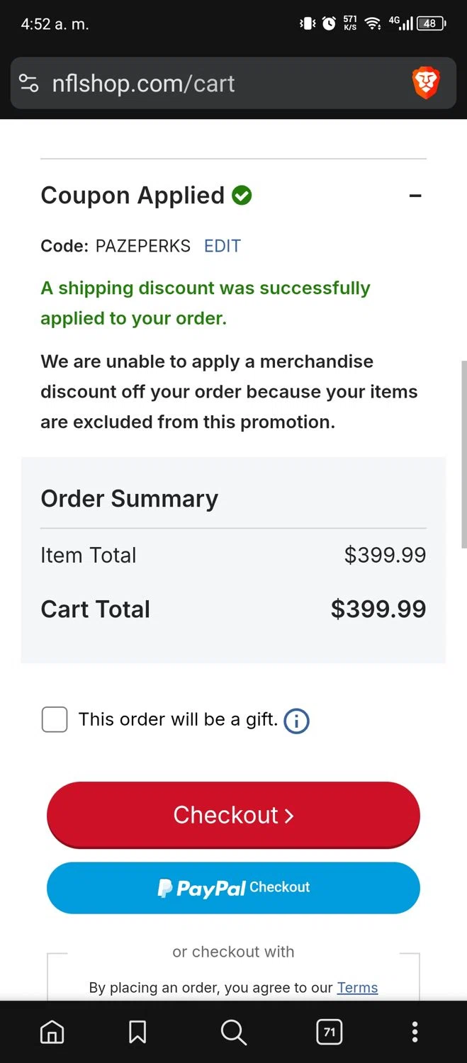 Philadelphia Eagles coupon code screenshot showing code PAZEPERKS applied at Philadelphia Eagles checkout page. Uploaded by SimplyCodes community member usermariee on Nov 23, 2025