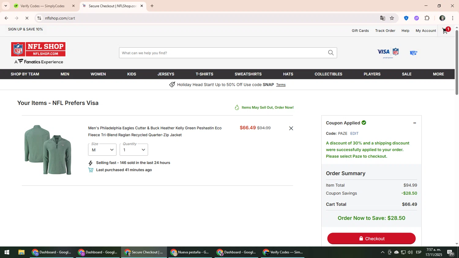Philadelphia Eagles coupon code screenshot showing code PAZE applied at Philadelphia Eagles checkout page. Uploaded by SimplyCodes community member CleverLynx6871 on Nov 17, 2025