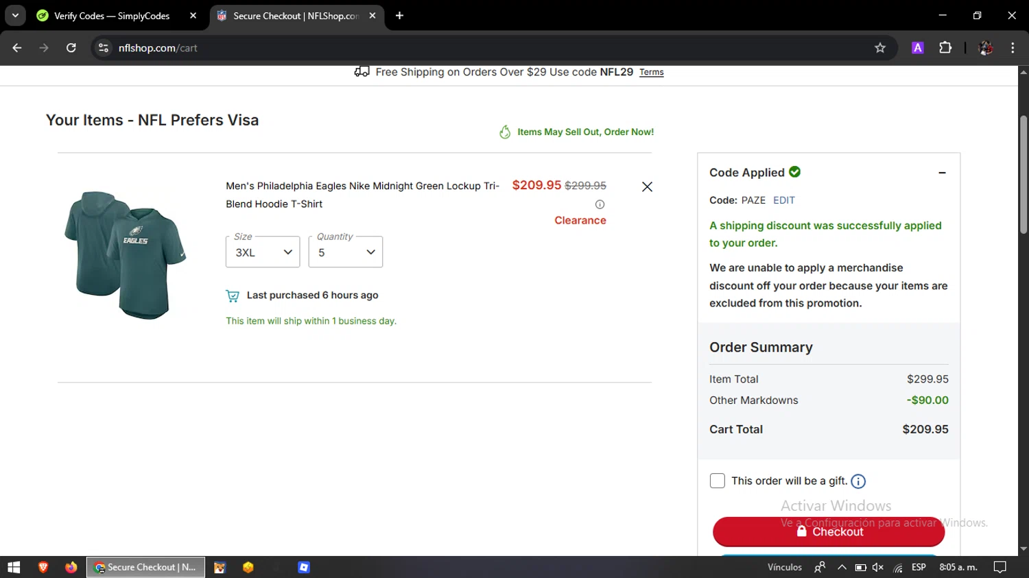 Philadelphia Eagles coupon code screenshot showing code PAZE applied at Philadelphia Eagles checkout page. Uploaded by SimplyCodes community member Rxchxrd on Jan 21, 2026