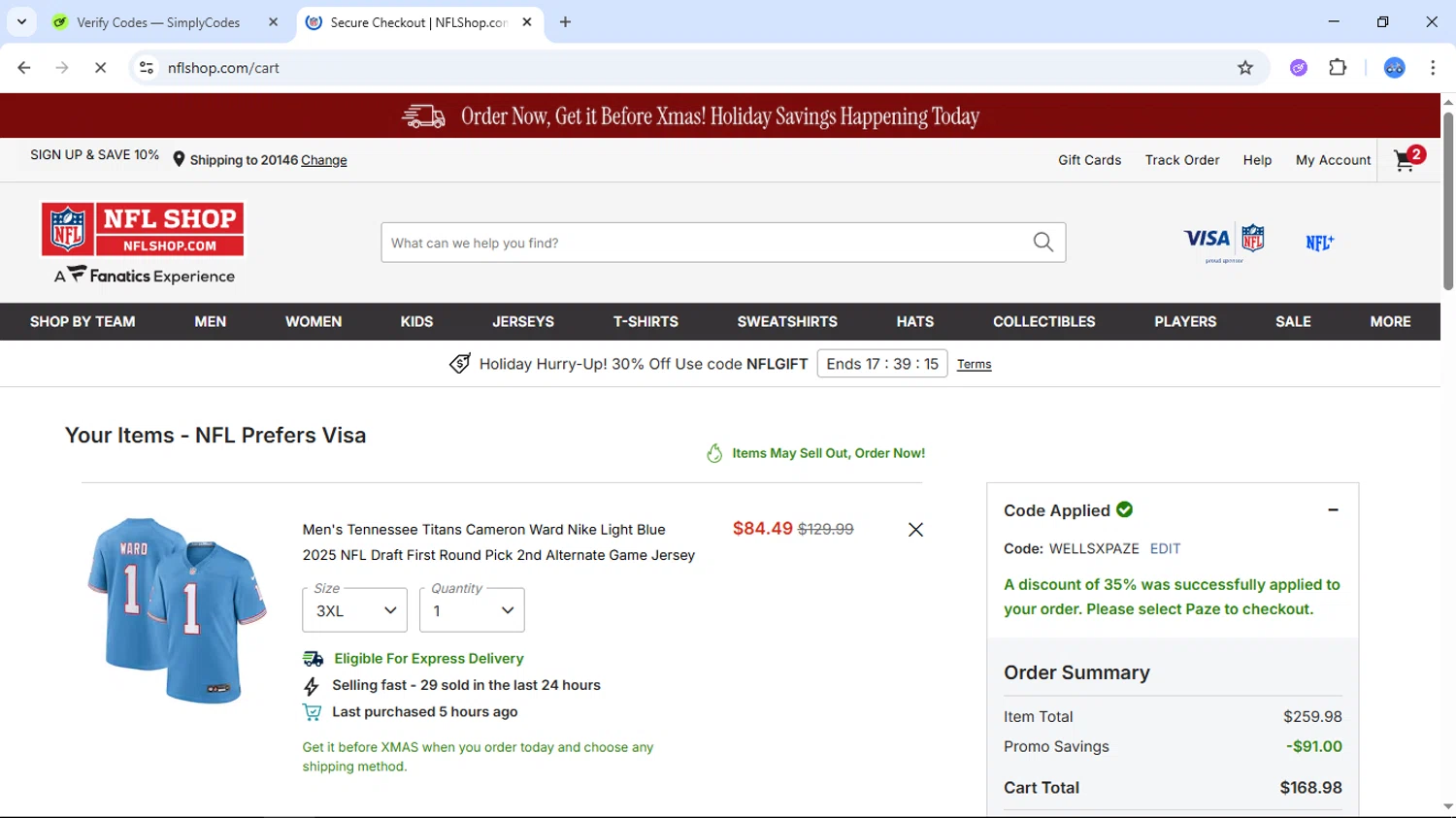 Philadelphia Eagles coupon code screenshot showing code WELLSXPAZE applied at Philadelphia Eagles checkout page. Uploaded by SimplyCodes community member DiscountTiger7630 on Dec 8, 2025