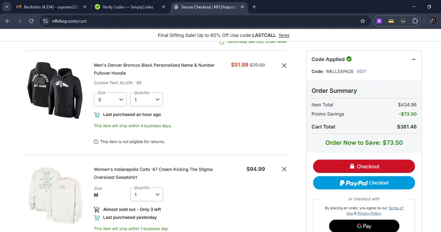 Philadelphia Eagles coupon code screenshot showing code WELLSXPAZE applied at Philadelphia Eagles checkout page. Uploaded by SimplyCodes community member Eduard on Dec 19, 2025