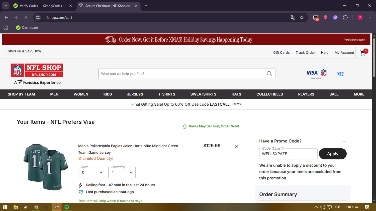 Philadelphia Eagles coupon code screenshot showing code WELLSXPAZE applied at Philadelphia Eagles checkout page. Uploaded by SimplyCodes community member ValiantFox2134 on Dec 19, 2025