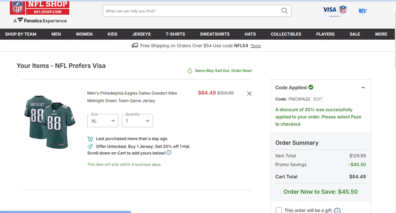 Philadelphia Eagles checkout page showing Philadelphia Eagles coupon code box | Screenshot taken by SimplyCodes community member on Feb 23, 2026