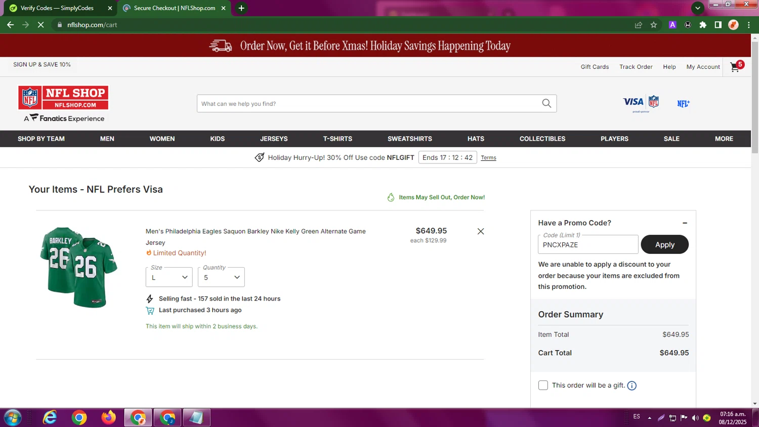 Philadelphia Eagles coupon code screenshot showing code PNCXPAZE applied at Philadelphia Eagles checkout page. Uploaded by SimplyCodes community member LegendaryBoss7060 on Dec 8, 2025