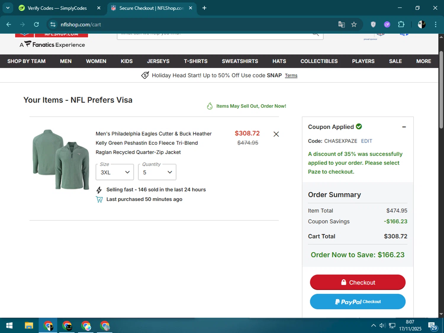 Philadelphia Eagles coupon code screenshot showing code CHASEXPAZE applied at Philadelphia Eagles checkout page. Uploaded by SimplyCodes community member CleverSage9163 on Nov 17, 2025