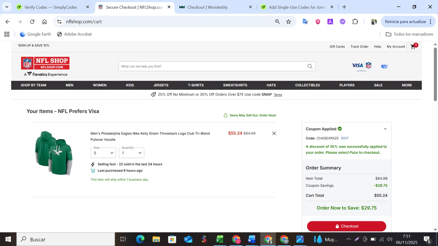 Philadelphia Eagles coupon code screenshot showing code CHASEXPAZE applied at Philadelphia Eagles checkout page. Uploaded by SimplyCodes community member NobleMonarch5837 on Nov 6, 2025
