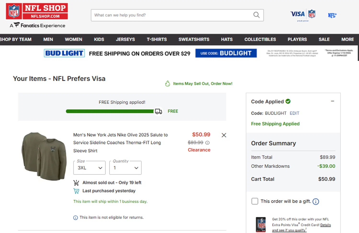 Philadelphia Eagles coupon code screenshot showing code BUDLIGHT applied at Philadelphia Eagles checkout page. Uploaded by SimplyCodes community member Dulce__ on Jan 13, 2026