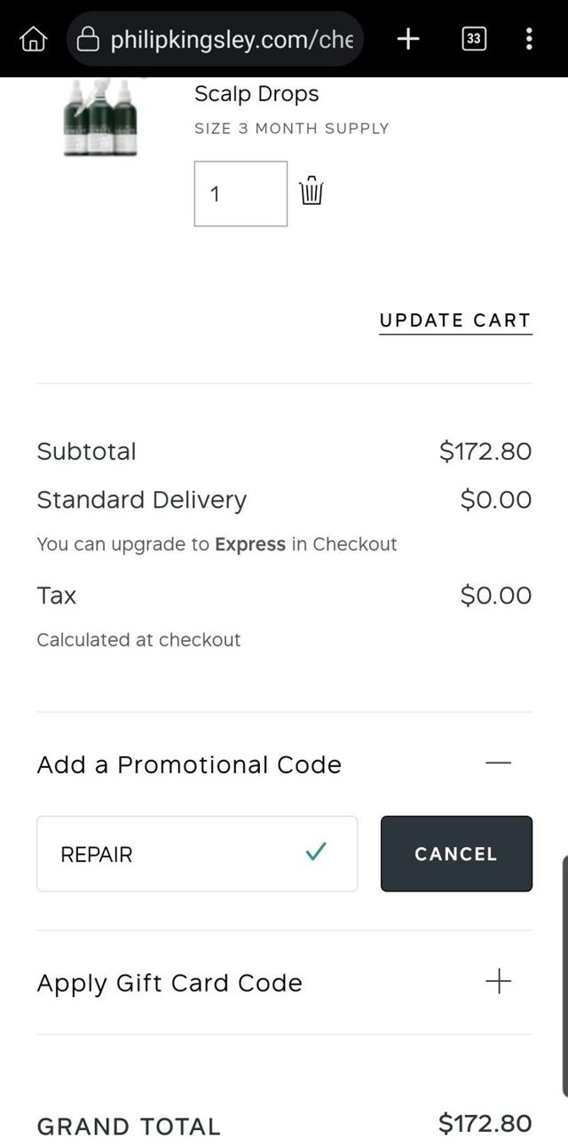 Philip Kingsley checkout page showing Philip Kingsley promo code box | Screenshot taken by SimplyCodes community member on Aug 23, 2025