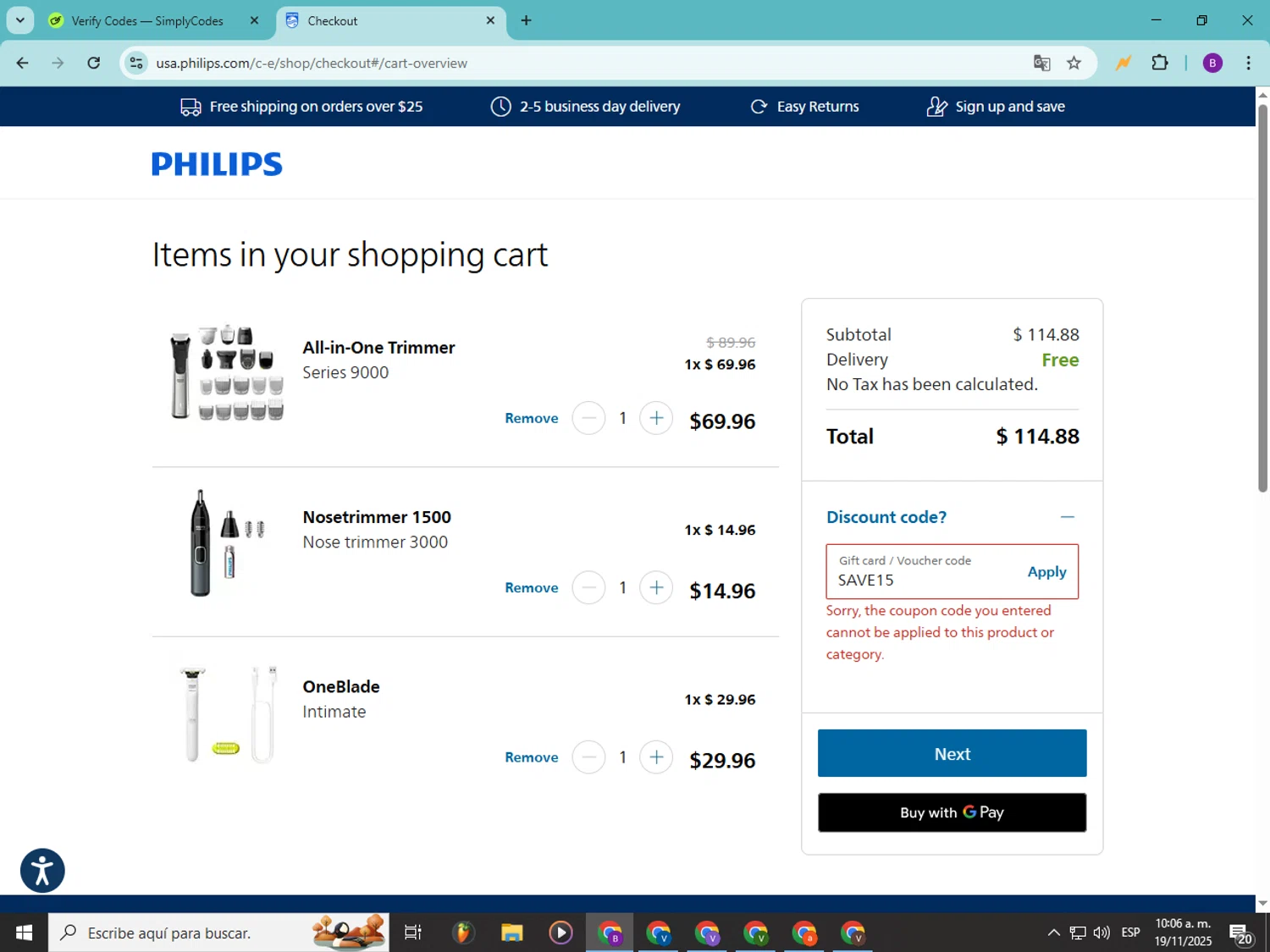 Philips Avent promo code screenshot showing code SAVE15 applied at Philips Avent checkout page. Uploaded by SimplyCodes community member Soyvictor on Nov 19, 2025