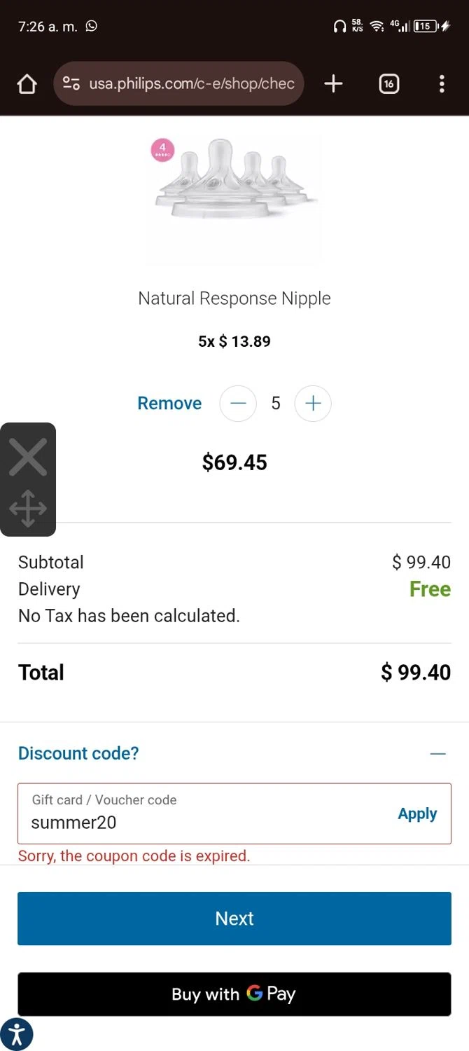 Philips Avent promo code screenshot showing code summer20 applied at Philips Avent checkout page. Uploaded by SimplyCodes community member Elvis_Medina on Aug 29, 2025