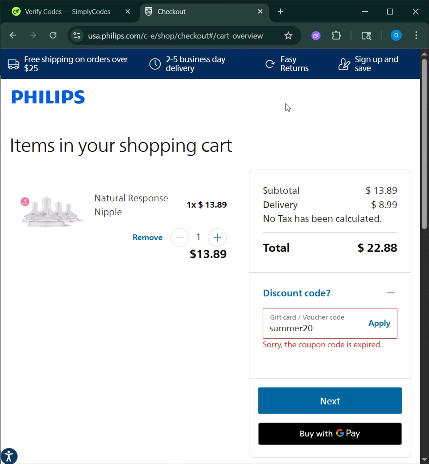 Philips Avent promo code screenshot showing code summer20 applied at Philips Avent checkout page. Uploaded by SimplyCodes community member GoldAdmiral5202 on Aug 29, 2025