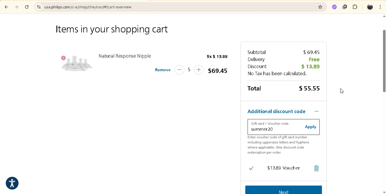 Philips Avent promo code screenshot showing code summer20 applied at Philips Avent checkout page. Uploaded by SimplyCodes community member onebullet on Aug 18, 2025