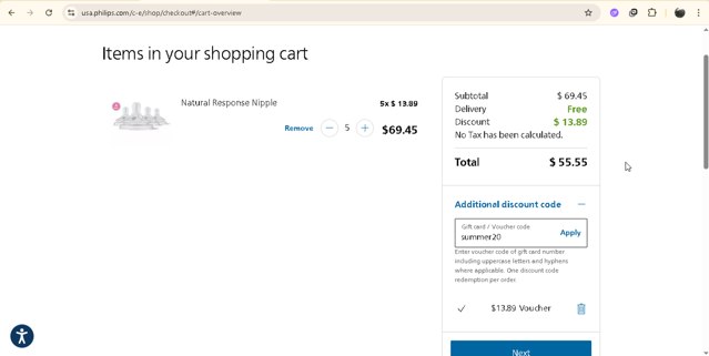 Philips Avent checkout page showing Philips Avent promo code box | Screenshot taken by SimplyCodes community member on Aug 18, 2025