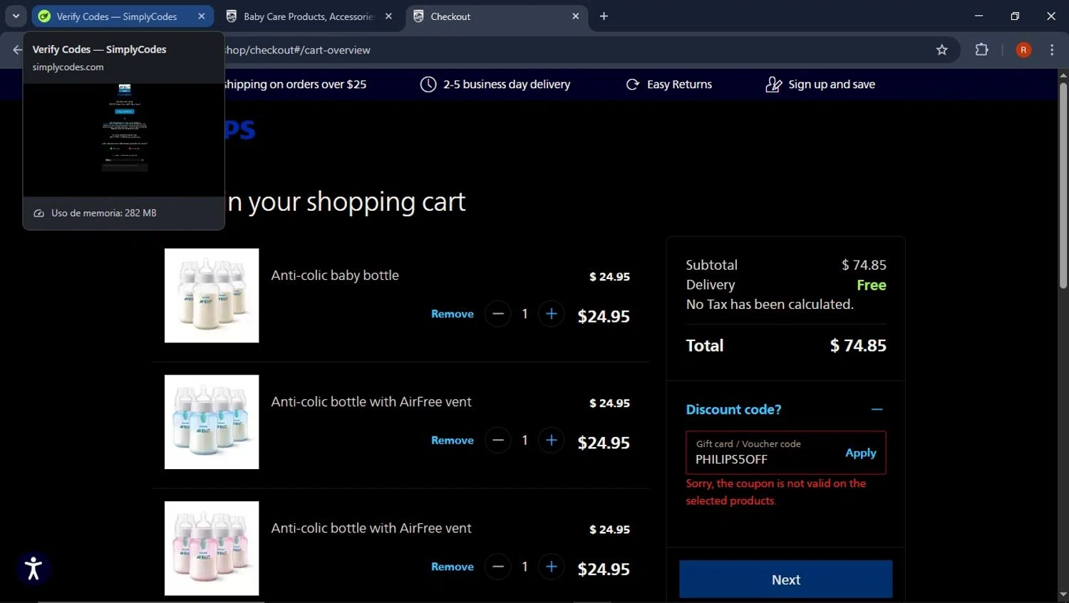 Philips Avent promo code screenshot showing code PHILIPS5OFF applied at Philips Avent checkout page. Uploaded by SimplyCodes community member CoinPro7401 on Apr 28, 2025