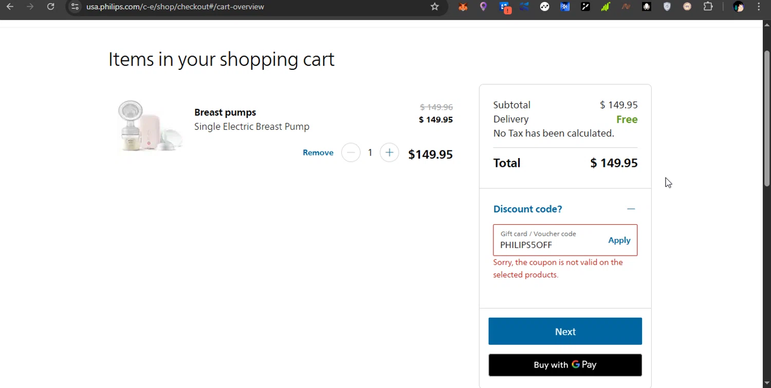 Philips Avent promo code screenshot showing code PHILIPS5OFF applied at Philips Avent checkout page. Uploaded by SimplyCodes community member PrimeShopper6600 on Apr 17, 2025