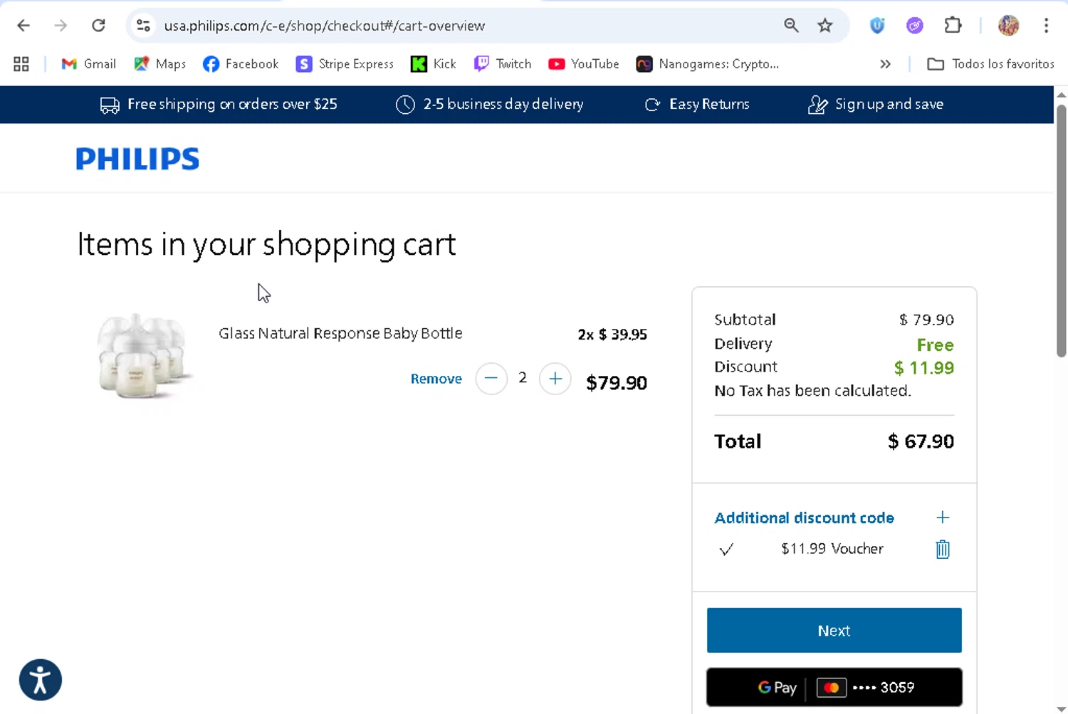 Philips Avent promo code screenshot showing code 15offphilips applied at Philips Avent checkout page. Uploaded by SimplyCodes community member ronaldhernandez on Nov 30, 2025