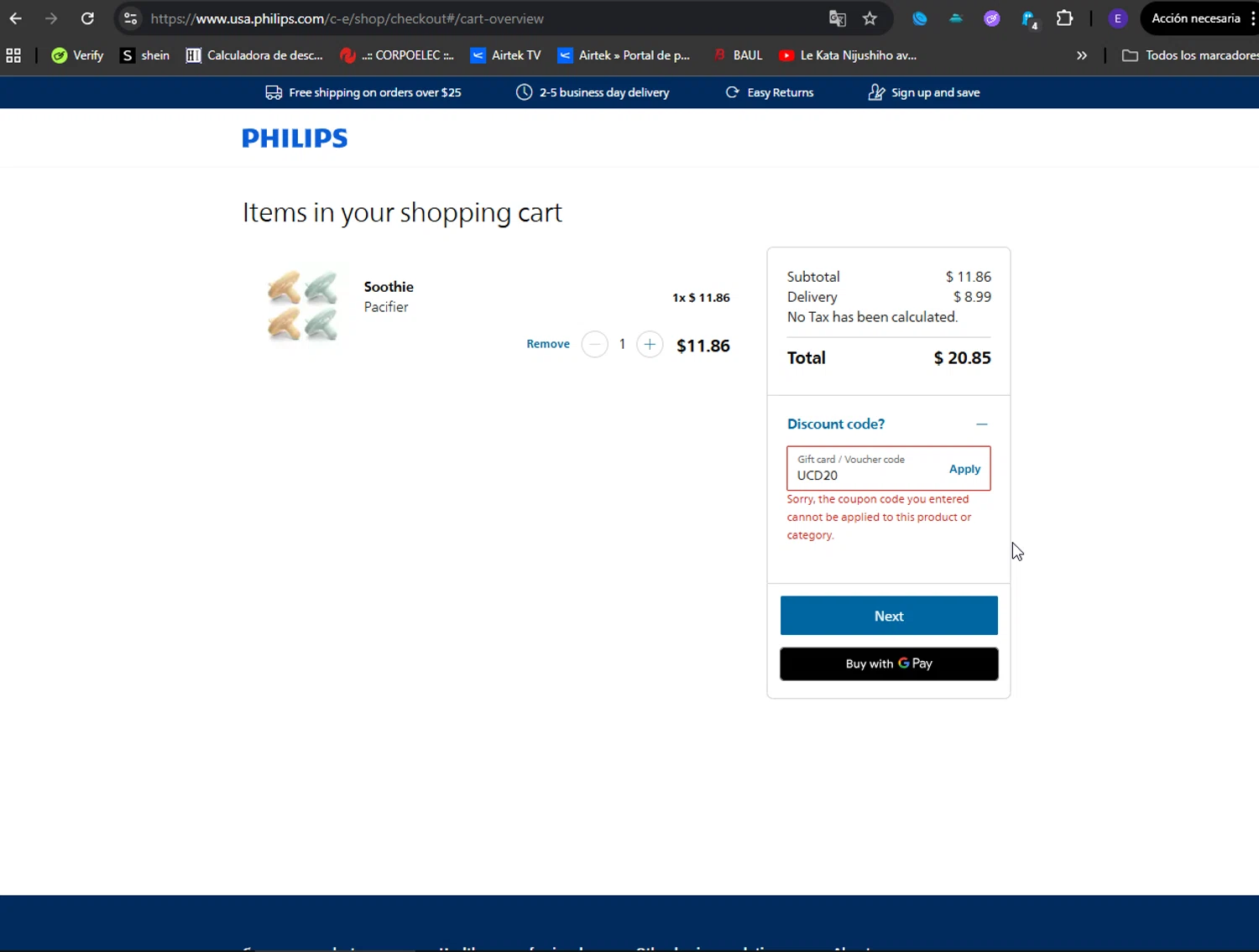 Philips Avent checkout page showing Philips Avent promo code box | Screenshot taken by SimplyCodes community member on Dec 2, 2025