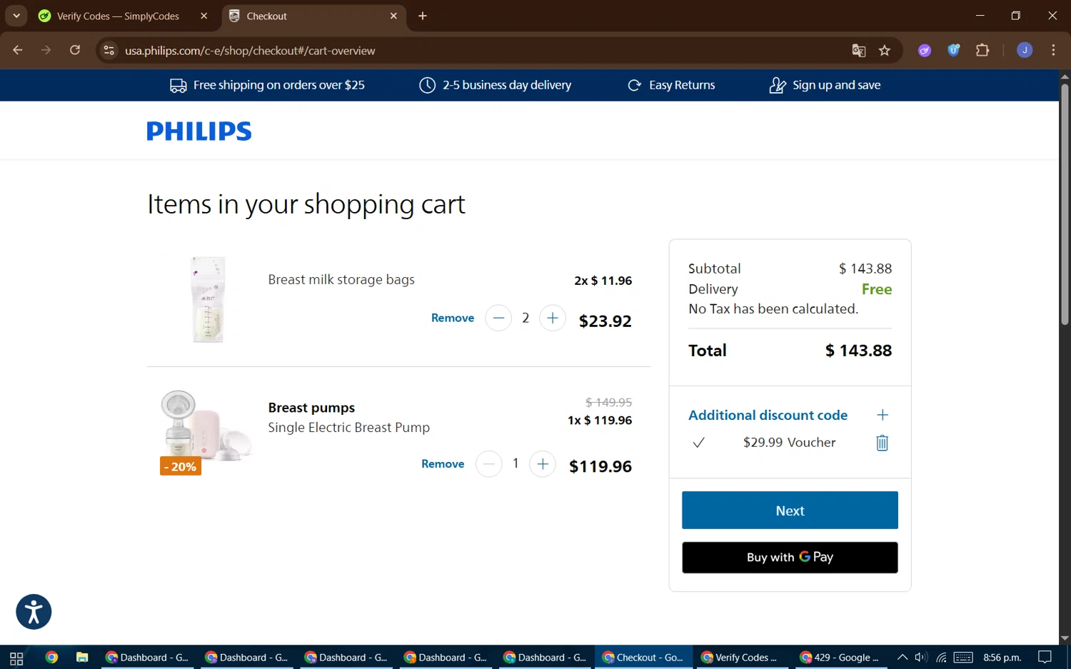 Philips Avent checkout page showing Philips Avent promo code box | Screenshot taken by SimplyCodes community member on Feb 19, 2026