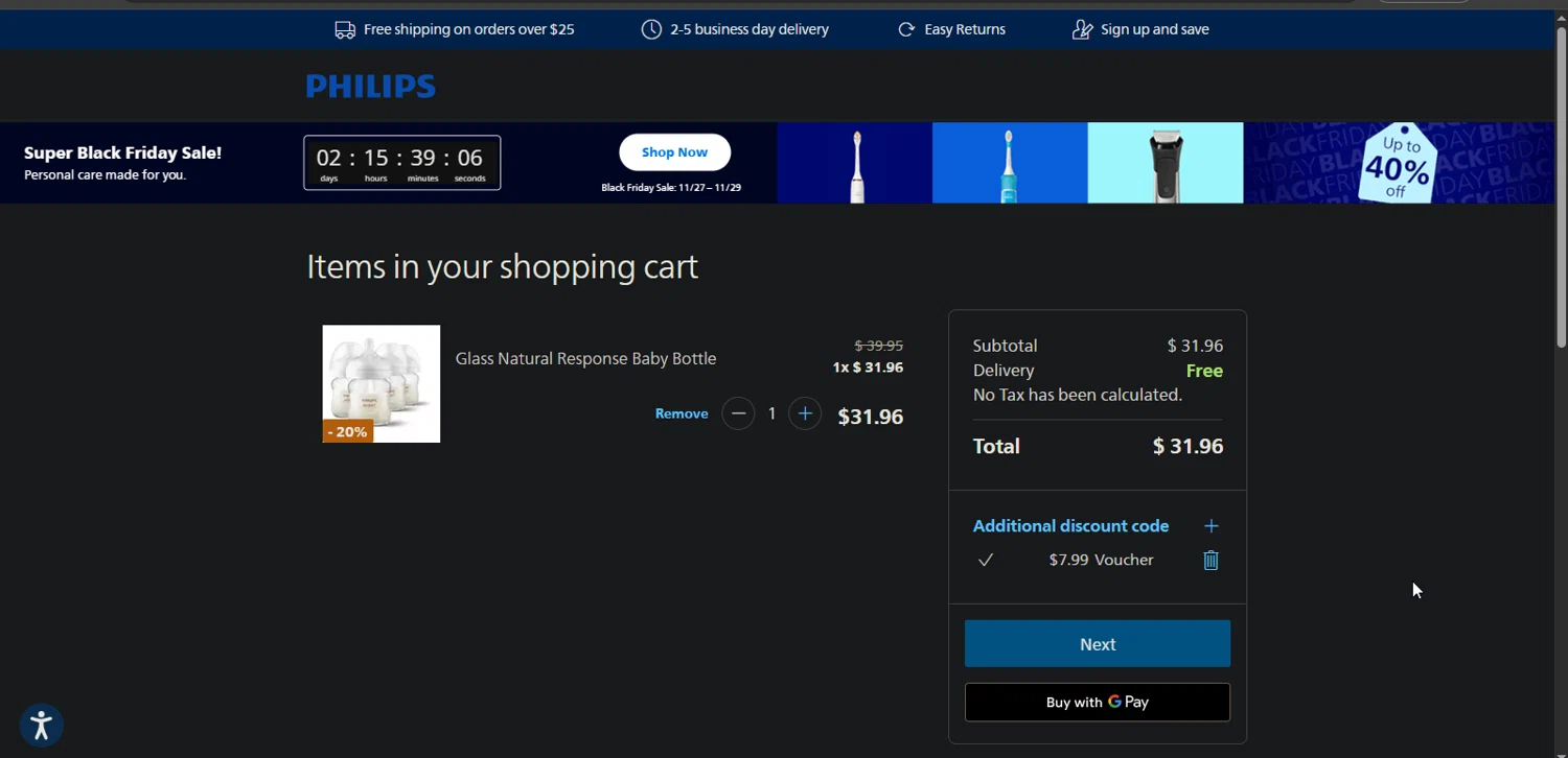 Philips Avent promo code screenshot showing code DDIL20 applied at Philips Avent checkout page. Uploaded by SimplyCodes community member TreasureMaestro5413 on Nov 27, 2025