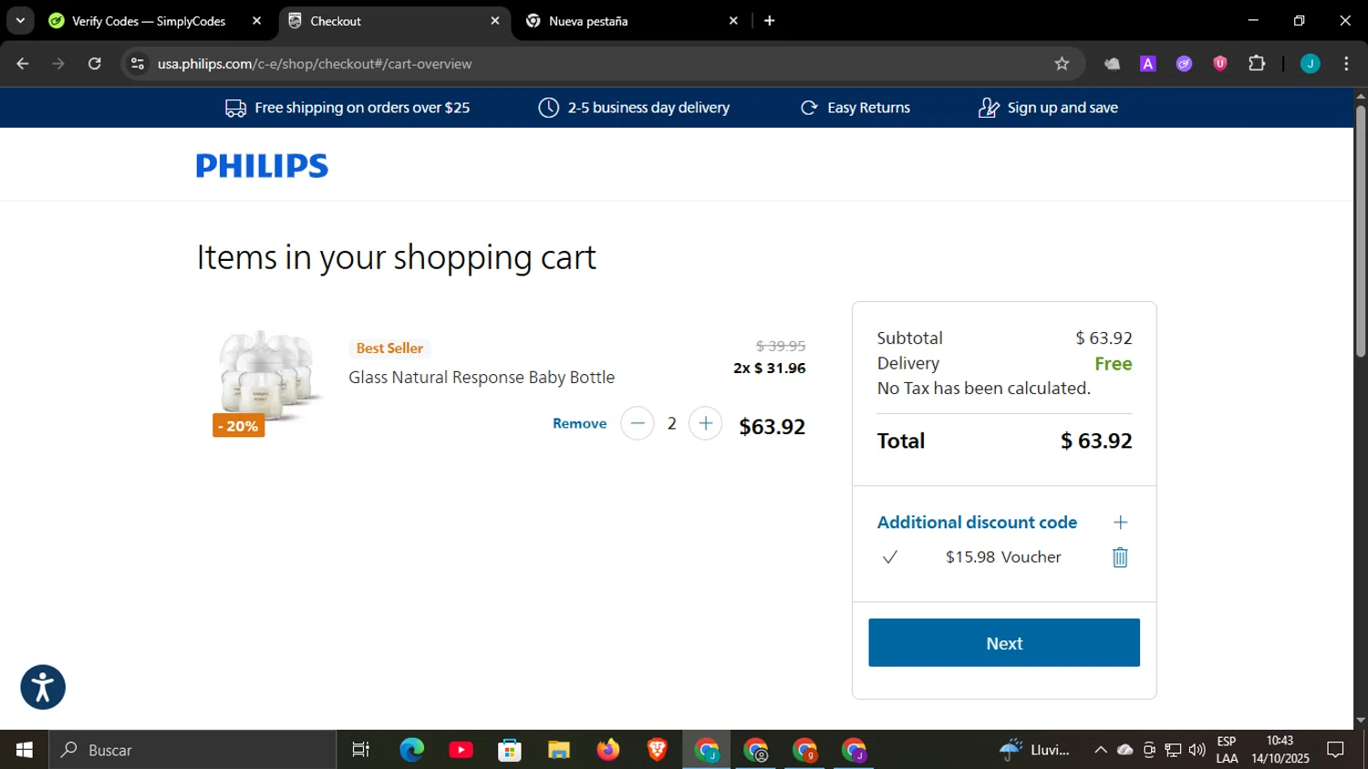 Philips Avent promo code screenshot showing code DDIL20 applied at Philips Avent checkout page. Uploaded by SimplyCodes community member WonderCaptain6926 on Oct 14, 2025