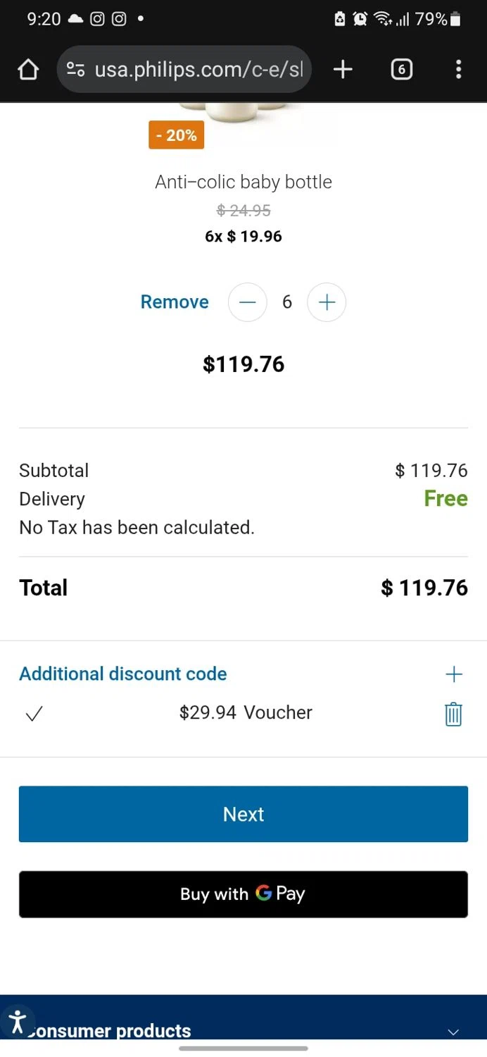 Philips Avent promo code screenshot showing code DDIL20 applied at Philips Avent checkout page. Uploaded by SimplyCodes community member miguelcrast on Oct 25, 2025