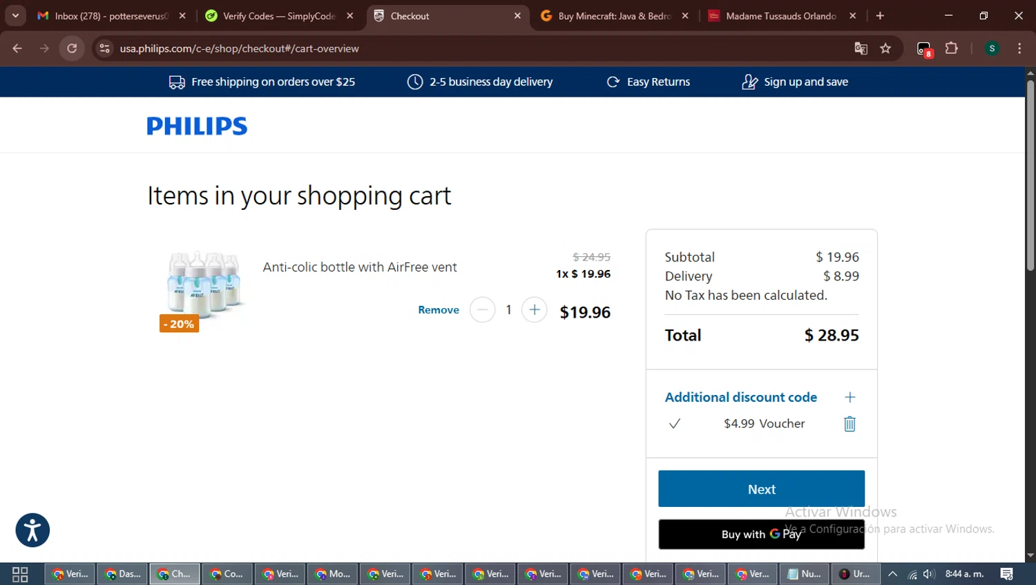 Philips Avent checkout page showing Philips Avent promo code box | Screenshot taken by SimplyCodes community member on Jan 8, 2026