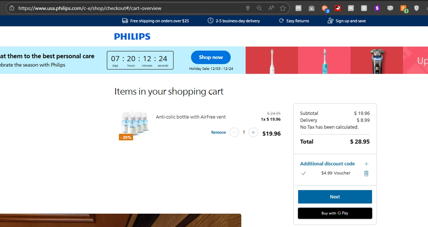 Philips Avent promo code screenshot showing code CIGNA20ATT applied at Philips Avent checkout page. Uploaded by SimplyCodes community member PrimeMaverick5747 on Dec 17, 2025