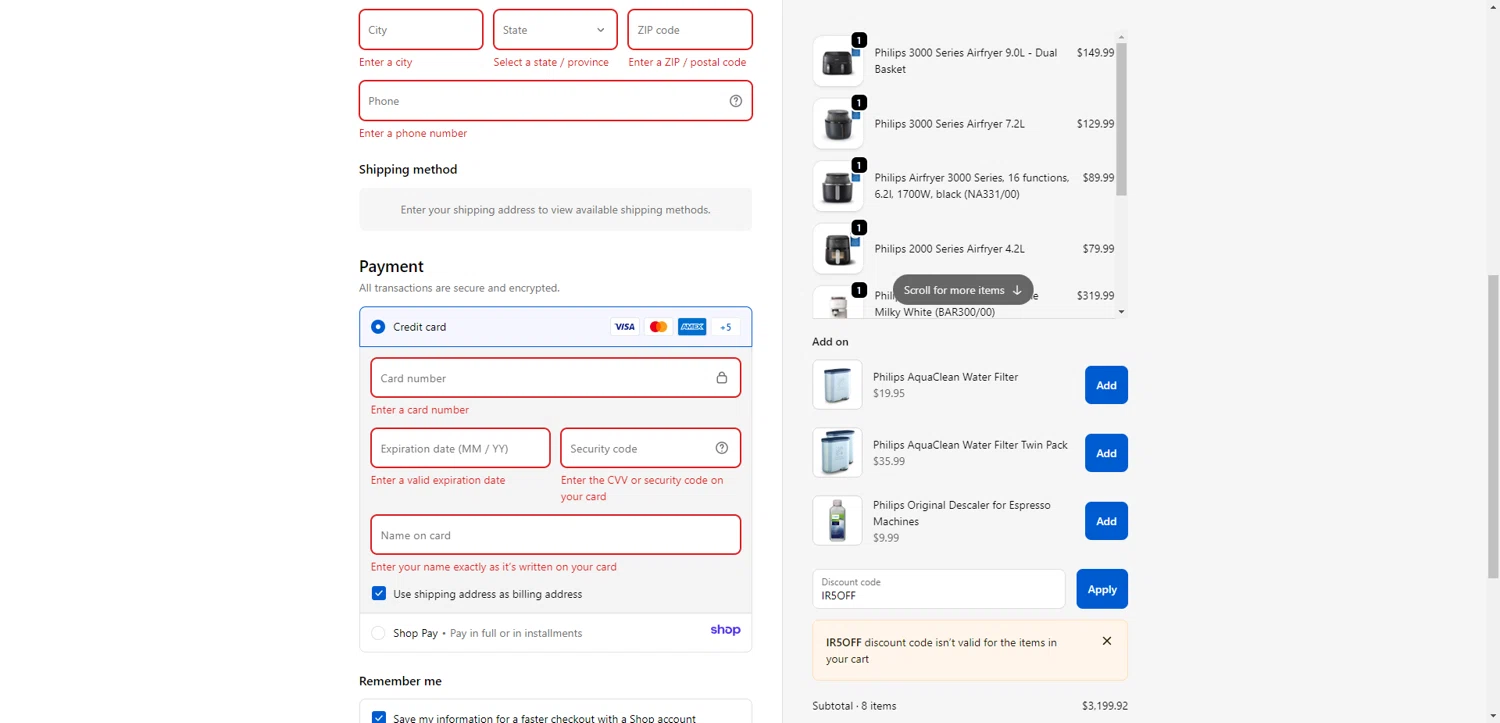 Philips Home Appliances discount code screenshot showing code IR5OFF applied at Philips Home Appliances checkout page. Uploaded by SimplyCodes community member NobleMaestro6498 on Nov 15, 2025