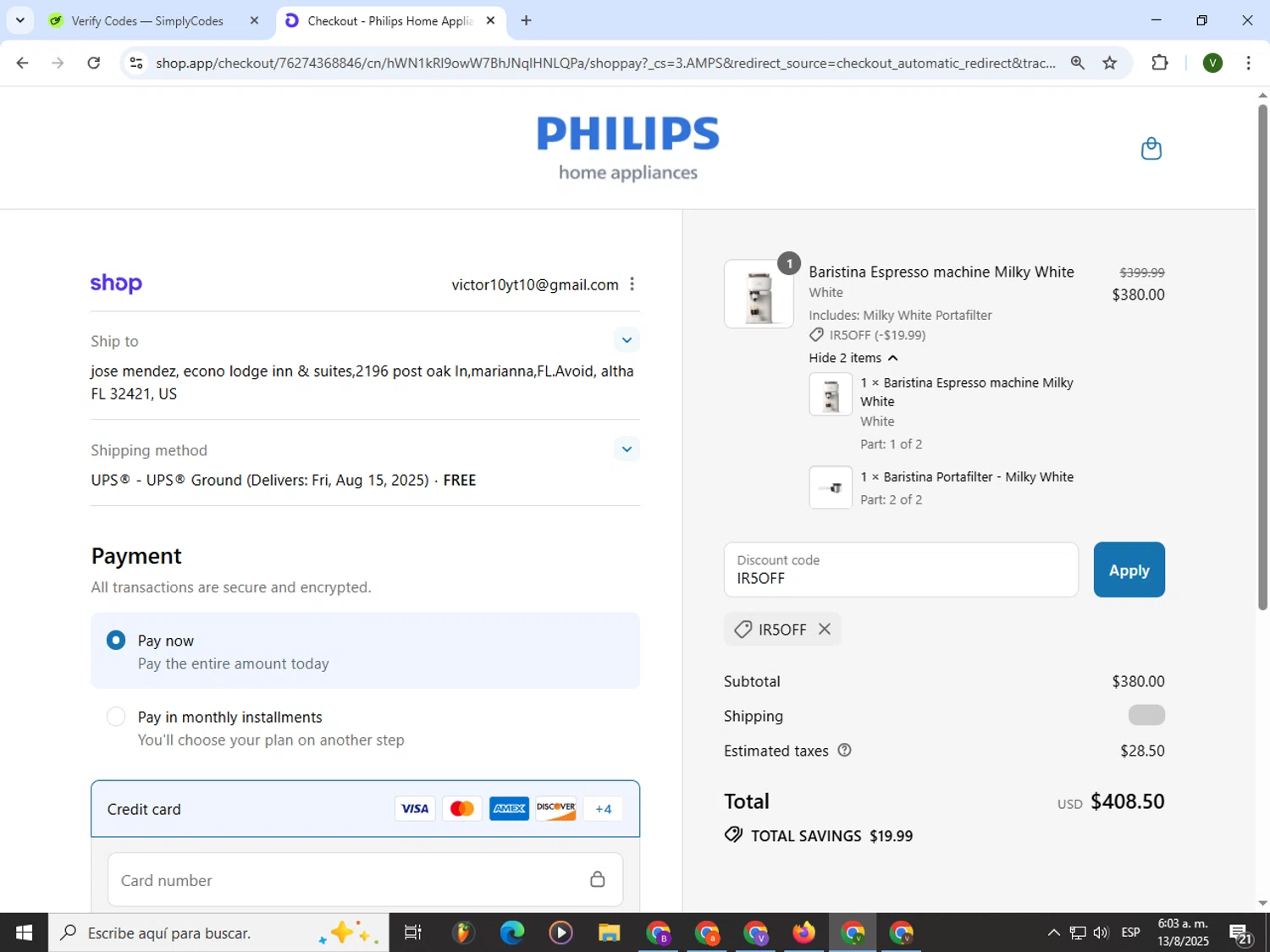 Philips Home Appliances discount code screenshot showing code IR5OFF applied at Philips Home Appliances checkout page. Uploaded by SimplyCodes community member PrimeWizard4168 on Aug 13, 2025