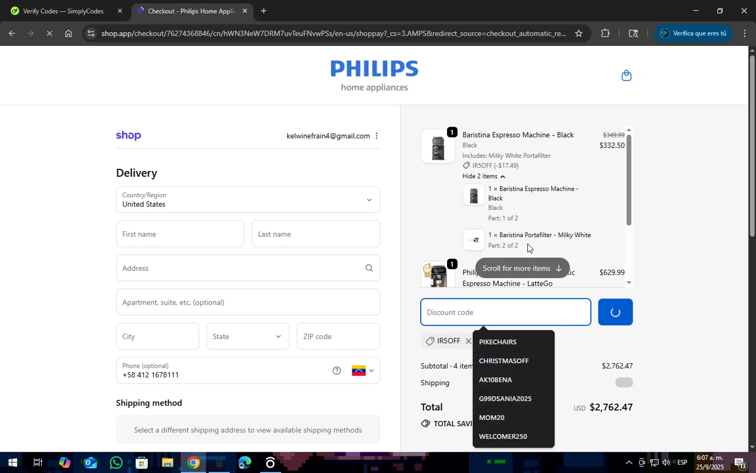 Philips Home Appliances discount code screenshot showing code IR5OFF applied at Philips Home Appliances checkout page. Uploaded by SimplyCodes community member SOPACONPAN on Sep 25, 2025