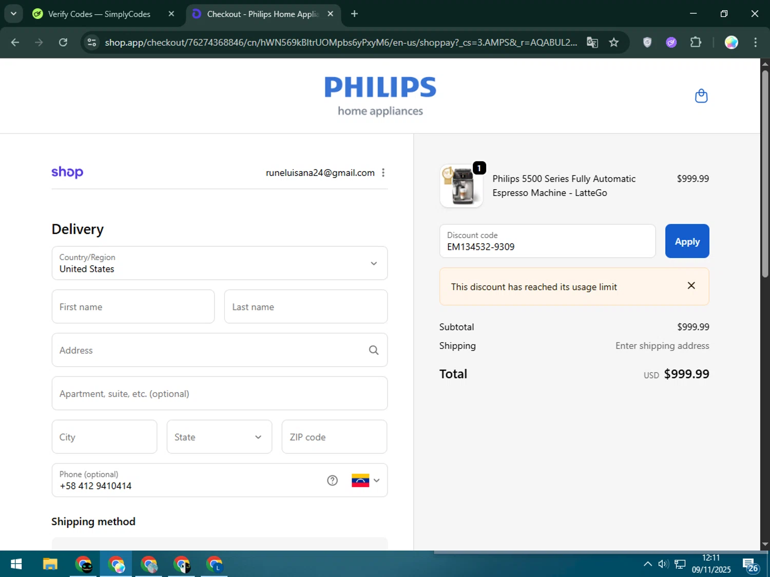 Philips Home Appliances discount code screenshot showing code EM134532-9309 applied at Philips Home Appliances checkout page. Uploaded by SimplyCodes community member Estrellitacoairis on Nov 9, 2025