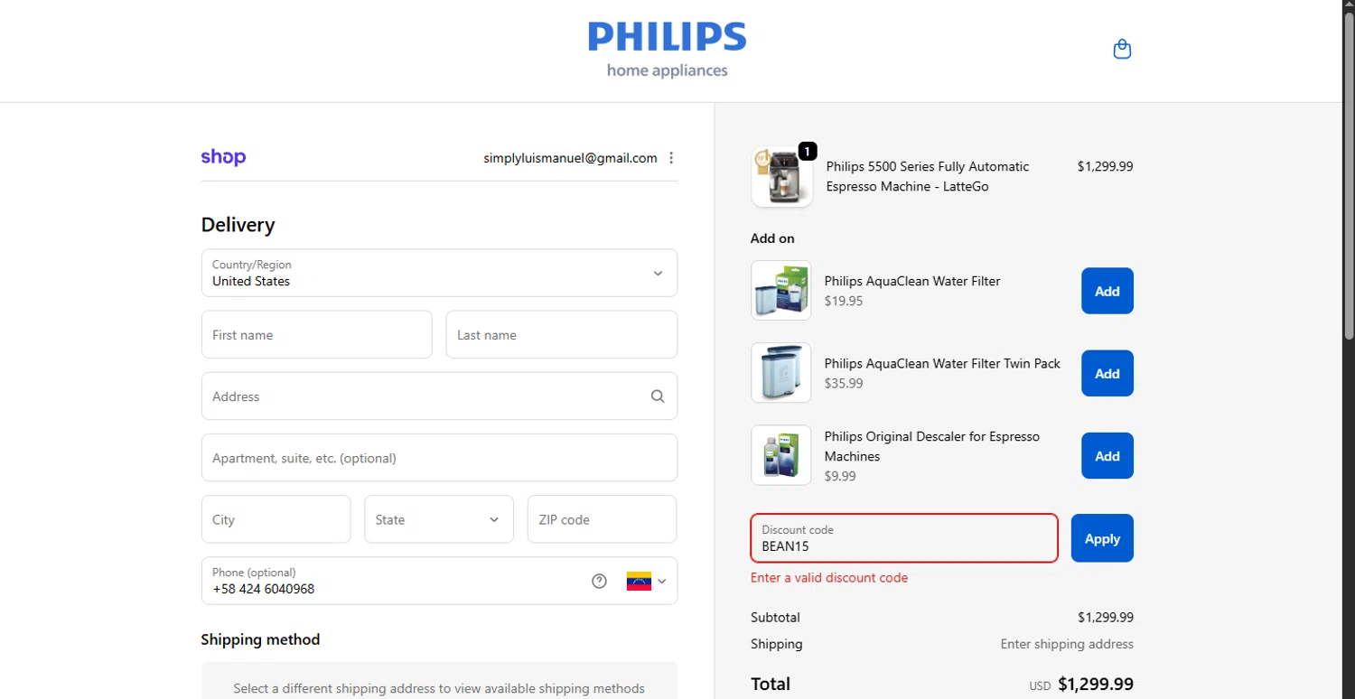 Philips Home Appliances discount code screenshot showing code BEAN15 applied at Philips Home Appliances checkout page. Uploaded by SimplyCodes community member CouponHero3179 on Jan 2, 2026