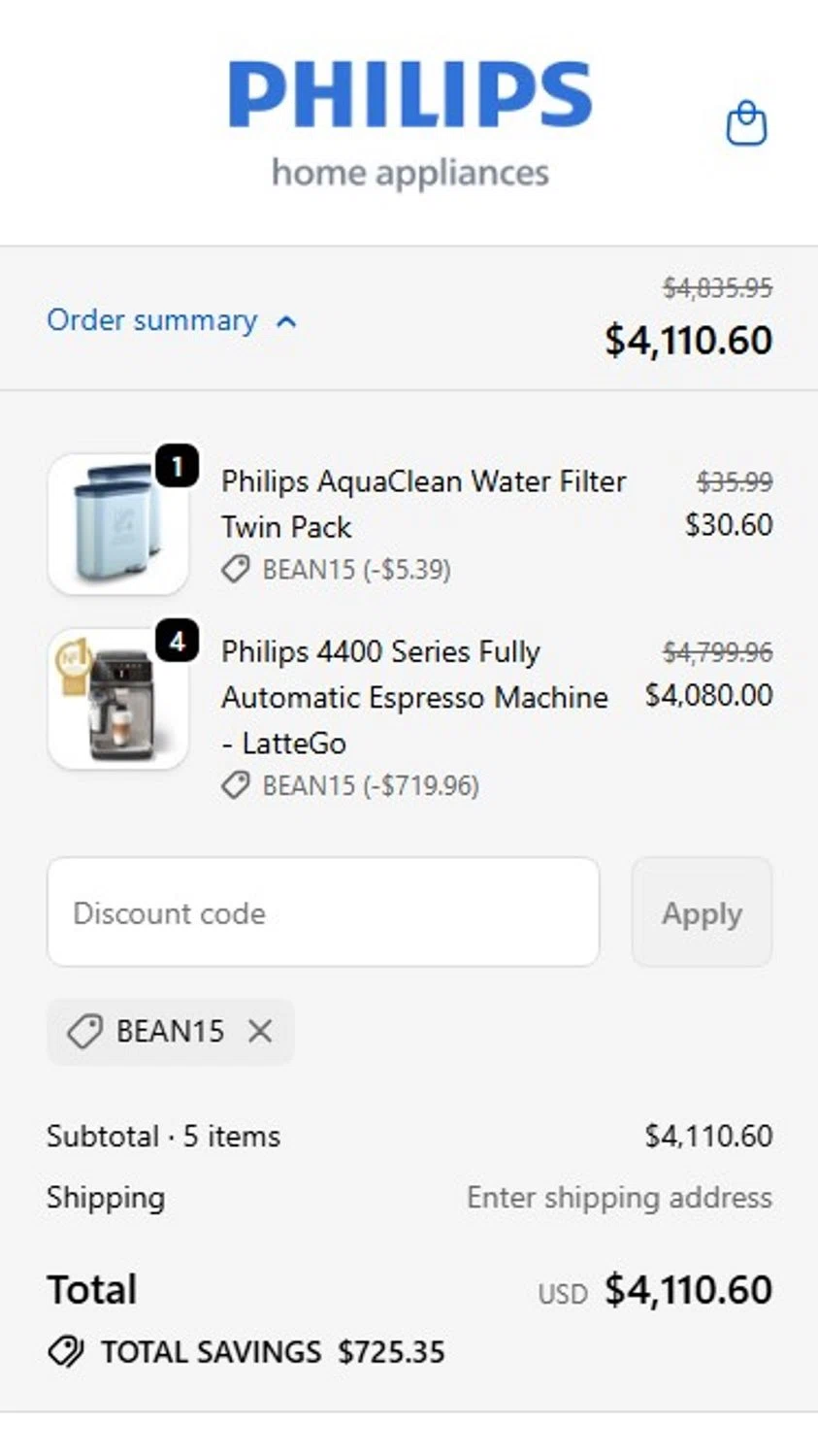 Philips Home Appliances discount code screenshot showing code BEAN15 applied at Philips Home Appliances checkout page. Uploaded by SimplyCodes community member RonaldoM32 on Dec 8, 2025