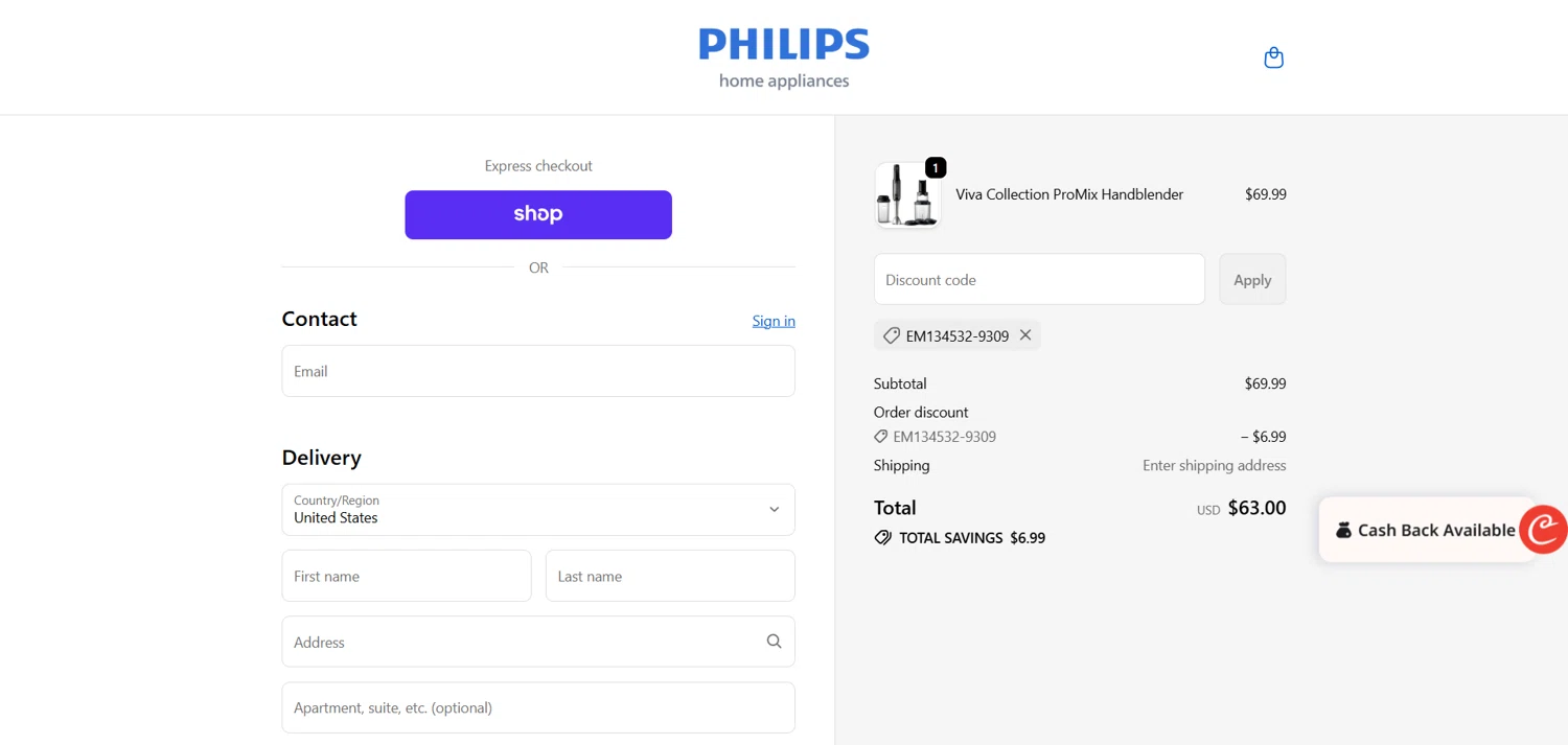 Philips Home Appliances discount code screenshot showing code EM134532-9309 applied at Philips Home Appliances checkout page. Uploaded by SimplyCodes community member marielysmorales on Nov 6, 2025