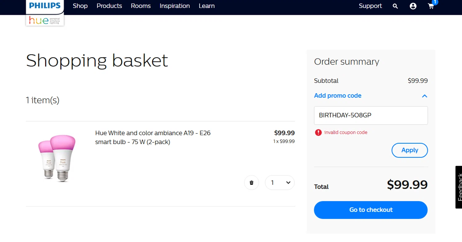 Philips Hue promo code screenshot showing code BIRTHDAY-5O8GP applied at Philips Hue checkout page. Uploaded by SimplyCodes community member DealScout5970 on Jan 2, 2025