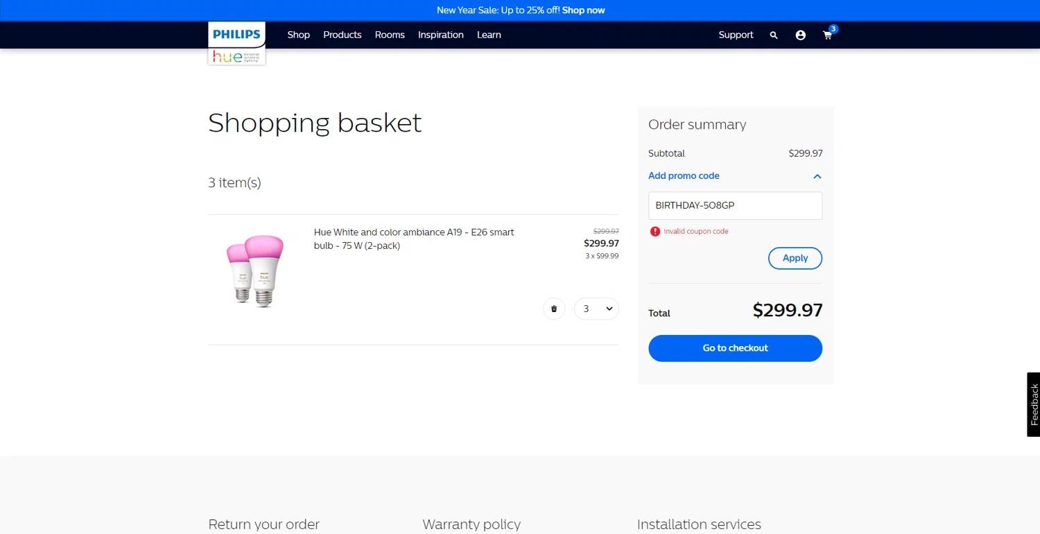 Philips Hue promo code screenshot showing code BIRTHDAY-5O8GP applied at Philips Hue checkout page. Uploaded by SimplyCodes community member VoucherLynx1047 on Jan 24, 2025
