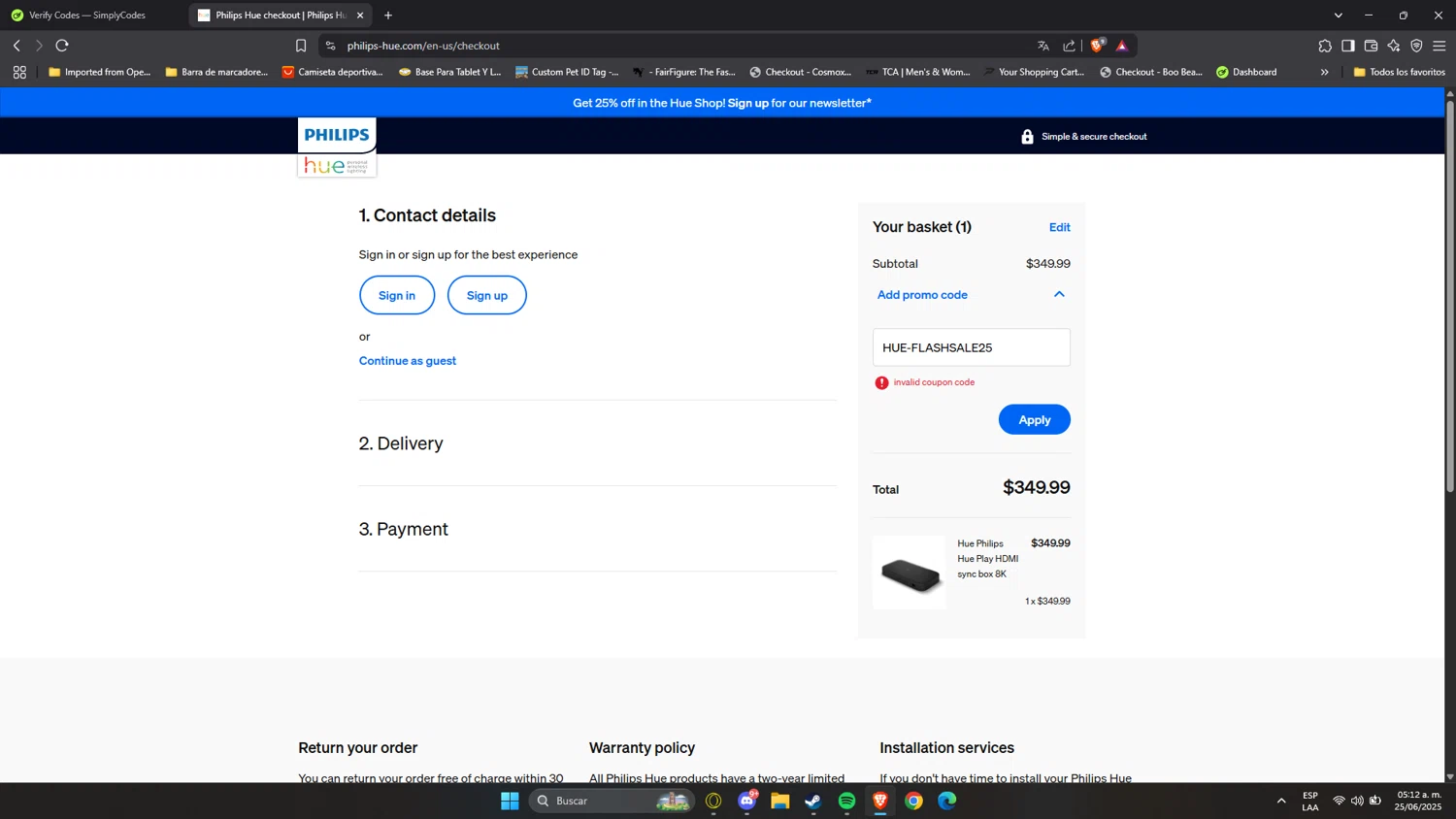 Philips Hue promo code screenshot showing code HUE-FLASHSALE25 applied at Philips Hue checkout page. Uploaded by SimplyCodes community member Anzeer on Jun 25, 2025