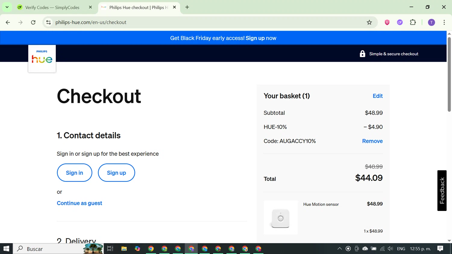 Philips Hue checkout page showing Philips Hue promo code box | Screenshot taken by SimplyCodes community member on Nov 13, 2025
