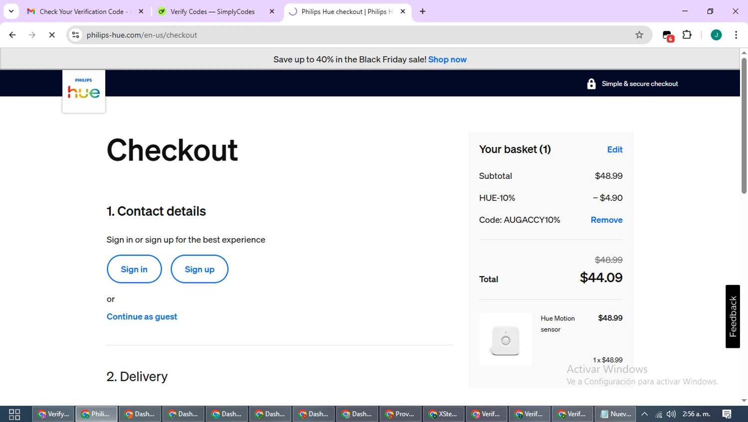 Philips Hue promo code screenshot showing code AUGACCY10% applied at Philips Hue checkout page. Uploaded by SimplyCodes community member SavvyCurator1770 on Nov 29, 2025
