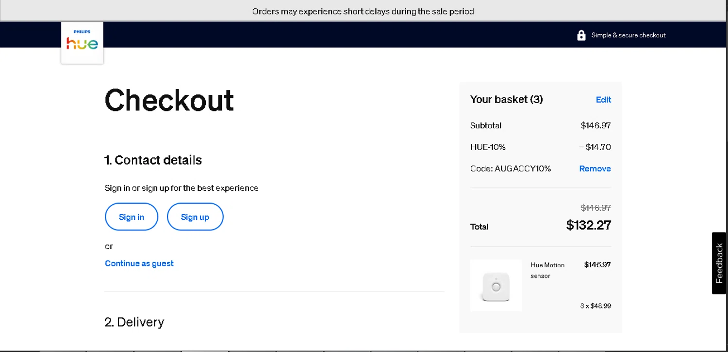 Philips Hue promo code screenshot showing code AUGACCY10% applied at Philips Hue checkout page. Uploaded by SimplyCodes community member ValiantMaverick169 on Nov 26, 2025