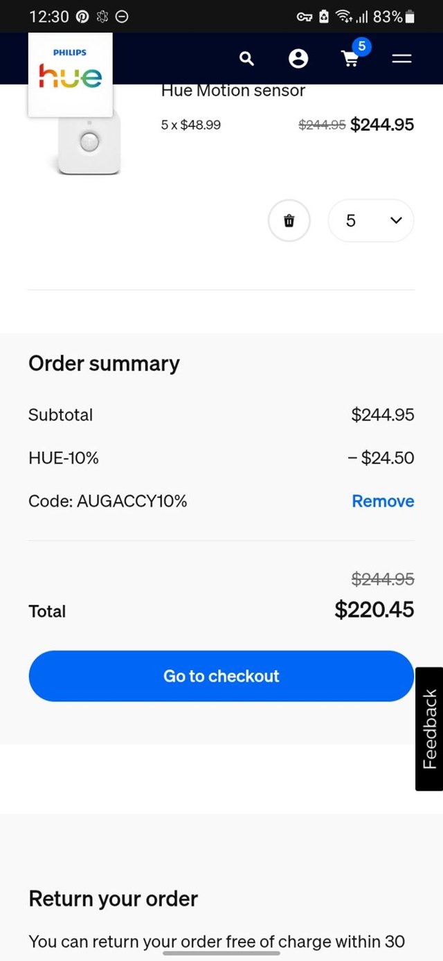 Philips Hue checkout page showing Philips Hue promo code box | Screenshot taken by SimplyCodes community member on Sep 7, 2025