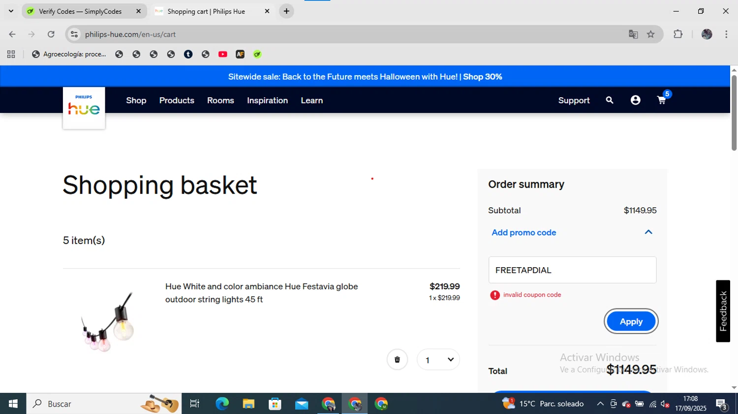 Philips Hue promo code screenshot showing code FREETAPDIAL applied at Philips Hue checkout page. Uploaded by SimplyCodes community member Manguito_Chambeador on Sep 17, 2025