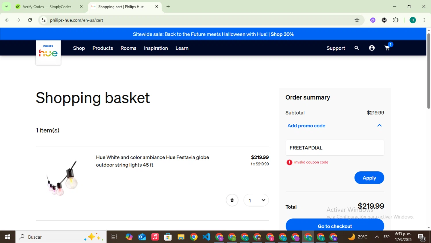 Philips Hue promo code screenshot showing code FREETAPDIAL applied at Philips Hue checkout page. Uploaded by SimplyCodes community member SavingsLegend387 on Sep 17, 2025